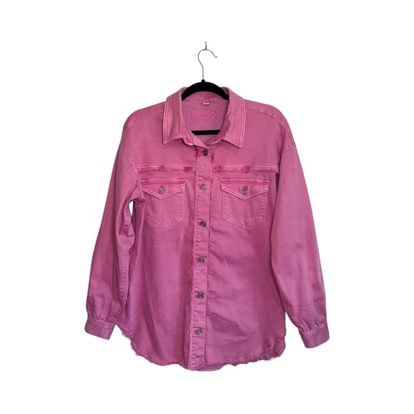 Maurices Oversized Denim Jacket Solid Bright Pink Frayed Hem Medium Women’s - Picture 2 of 11